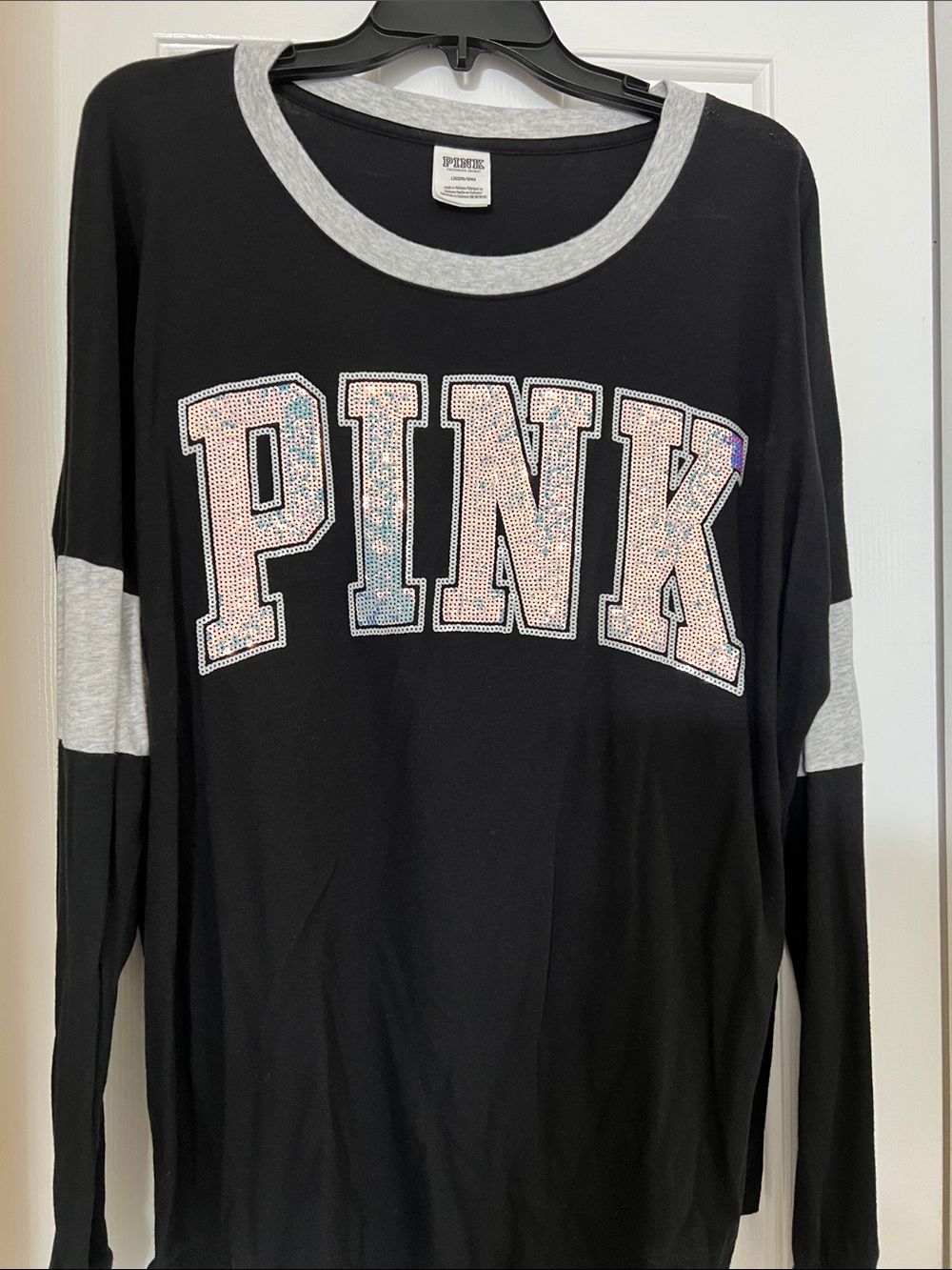 PINK Victoria's Secret Black Long Sleeve Tee with Gray Trim and Holographic Logo